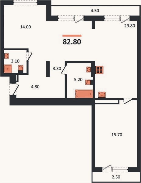 Планировка: 2-к, 82,8 м²