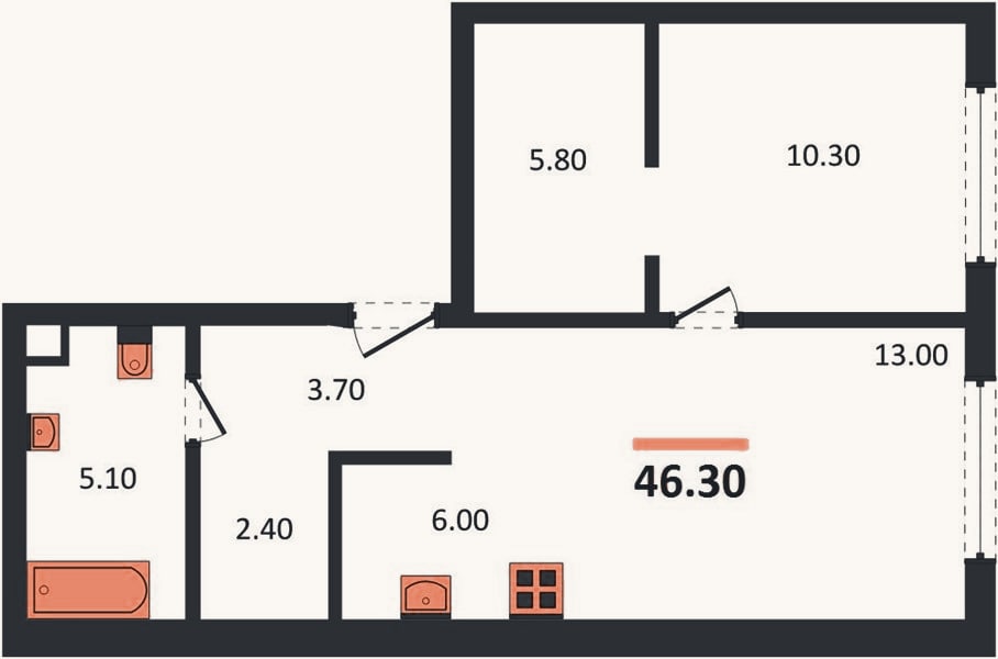 Планировка: 1-к, 46,3 м²