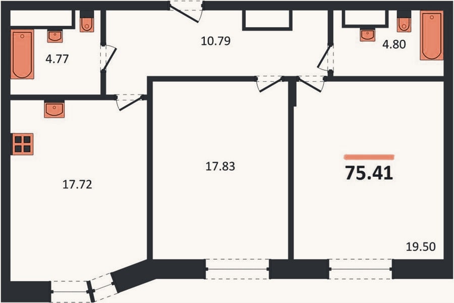 Планировка: 2-к, 75,4 м²
