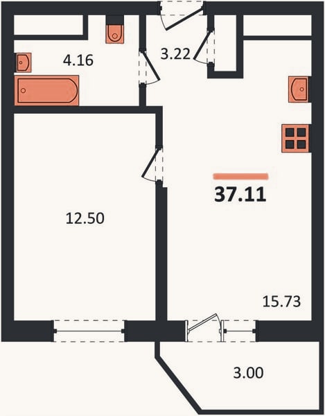 Планировка: 1-к, 37,1 м²