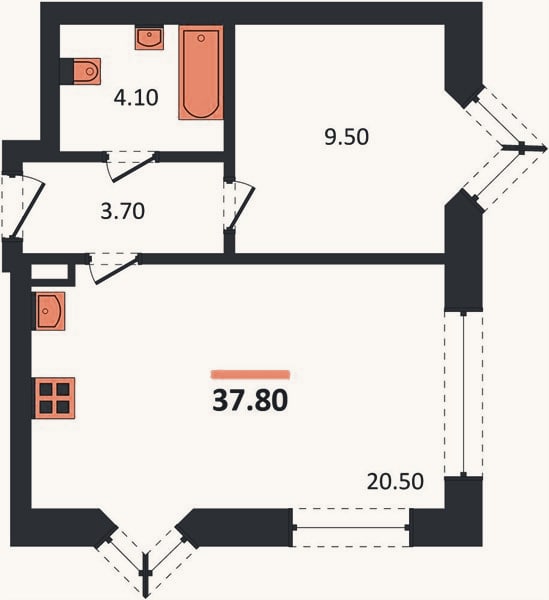 Планировка: 1-к, 37,8 м²