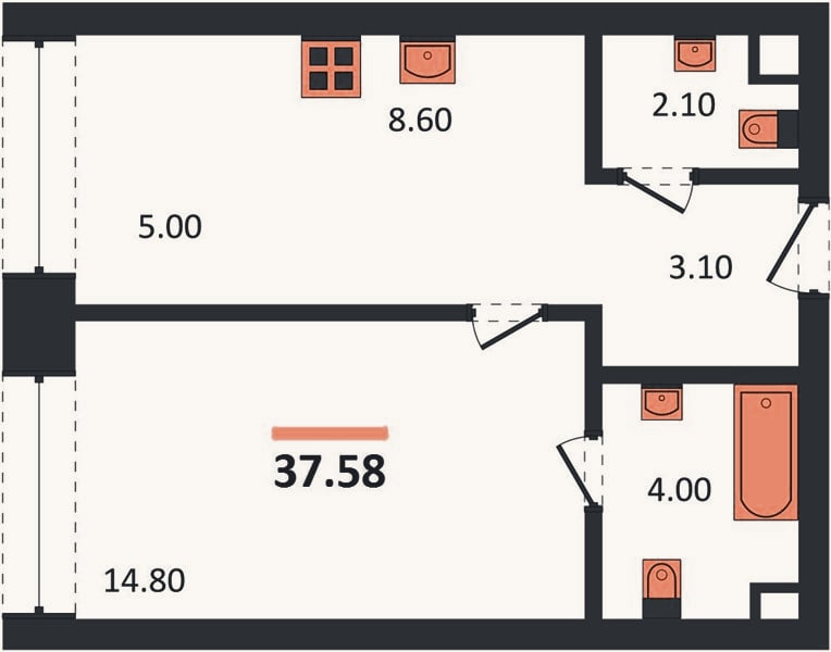 Планировка: 1-к, 37,6 м²