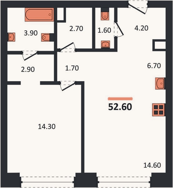 Планировка: 1-к, 52,6 м²