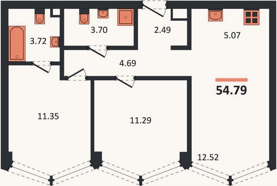 Планировка: 2-к, 54,8 м²