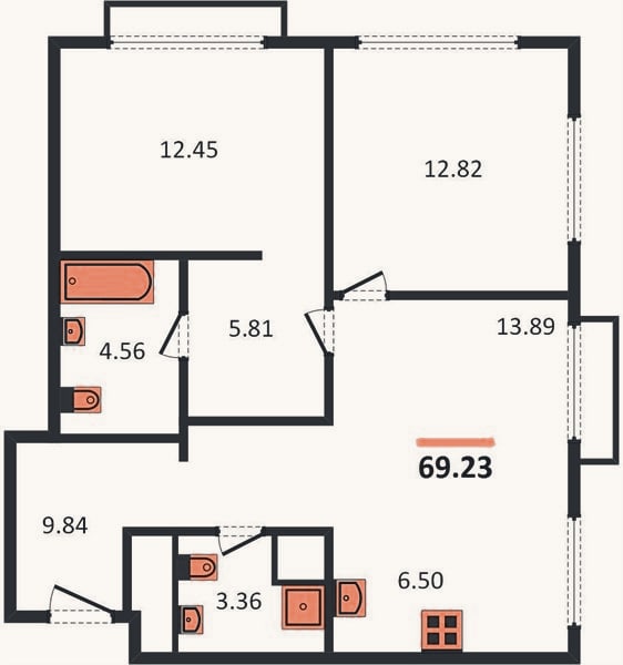 Планировка: 2-к, 69,2 м²