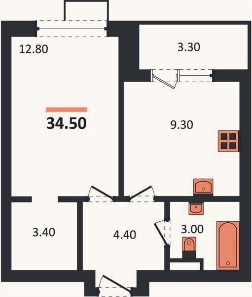 Планировка: 1-к, 34,5 м²