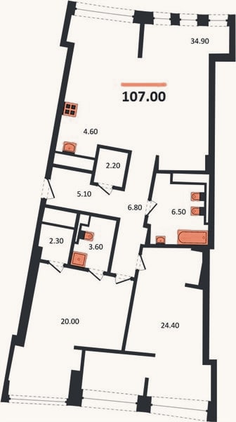Планировка: 2-к, 107 м²