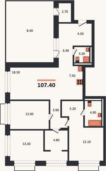 Планировка: 3-к, 107,4 м²