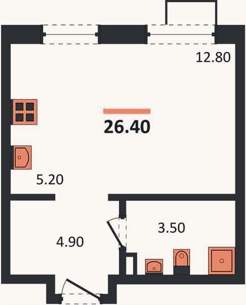 Планировка: Студия, 26,4 м²