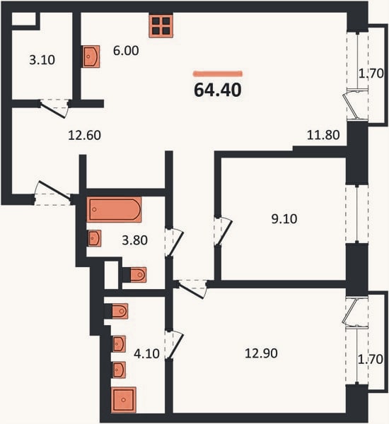 Планировка: 2-к, 64,4 м²