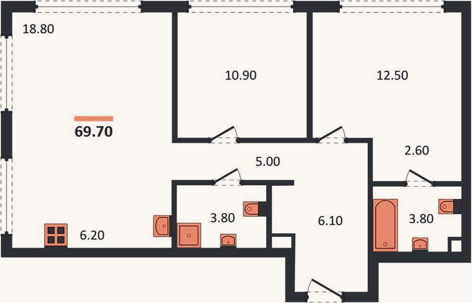 Планировка: 2-к, 69,7 м²