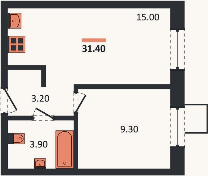 Планировка: 1-к, 31,4 м²