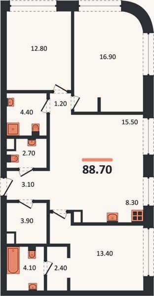 Планировка: 3-к, 88,7 м²