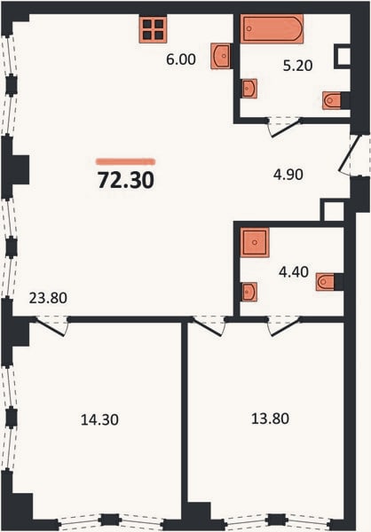 Планировка: 2-к, 72,3 м²