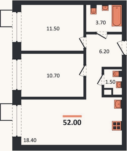 Планировка: 2-к, 52 м²
