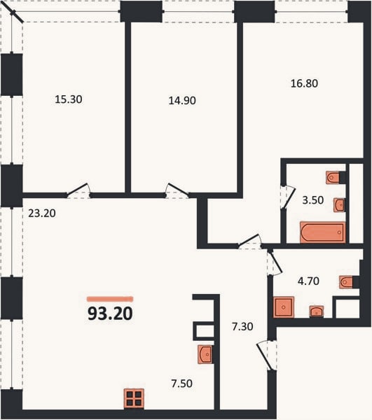 Планировка: 3-к, 93,2 м²