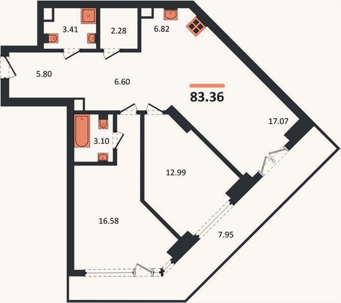 Планировка: 2-к, 83,4 м²