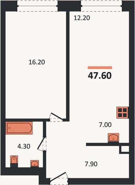 Планировка: 1-к, 47,6 м²