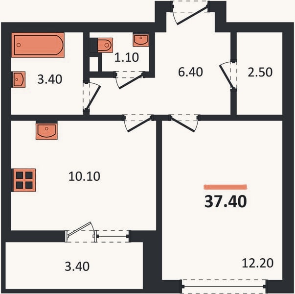 Планировка: 1-к, 37,4 м²