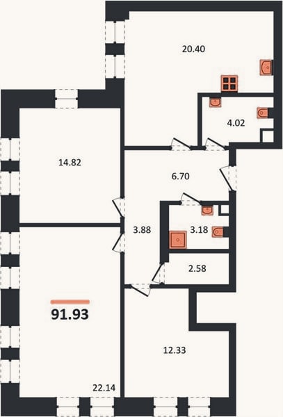 Планировка: 3-к, 91,9 м²