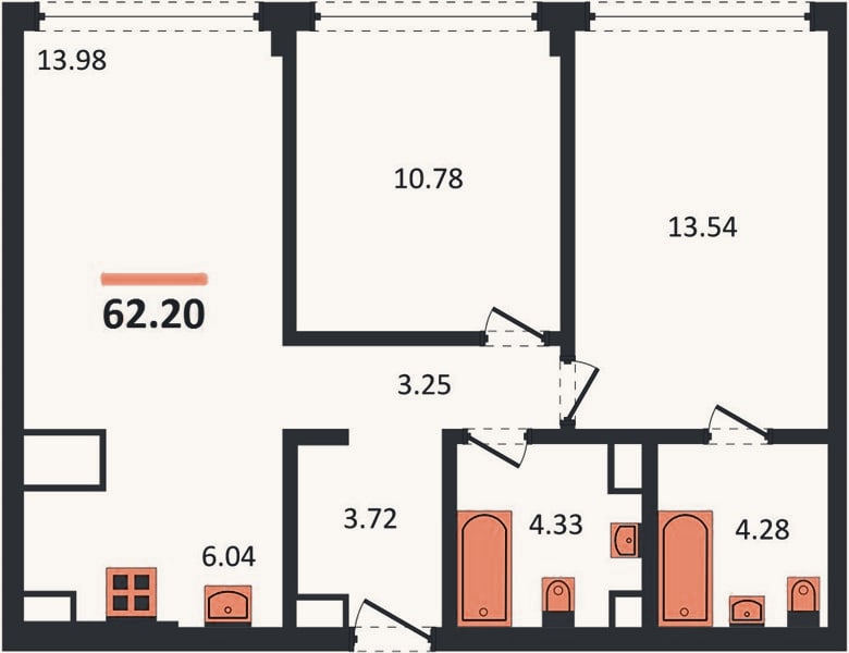 Планировка: 2-к, 62,2 м²