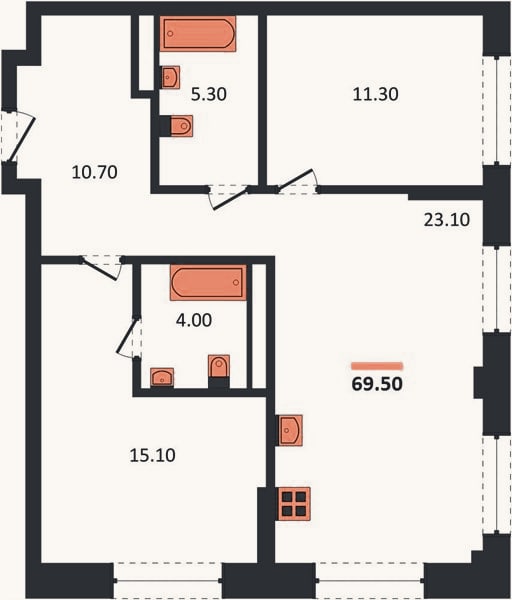 Планировка: 2-к, 69,5 м²