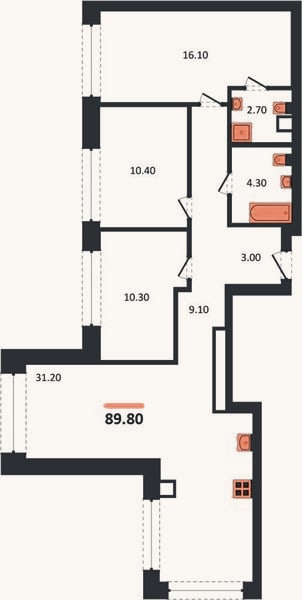 Планировка: 3-к, 89,8 м²
