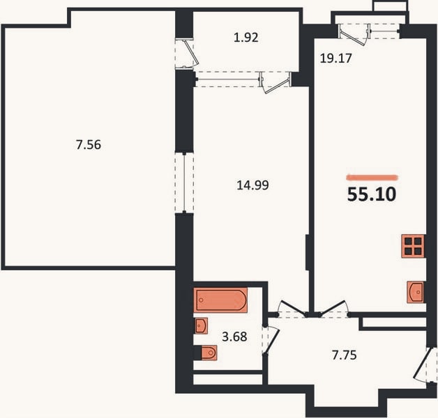 Планировка: 1-к, 55,1 м²