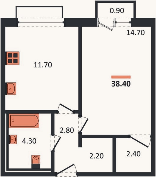 Планировка: 1-к, 38,4 м²