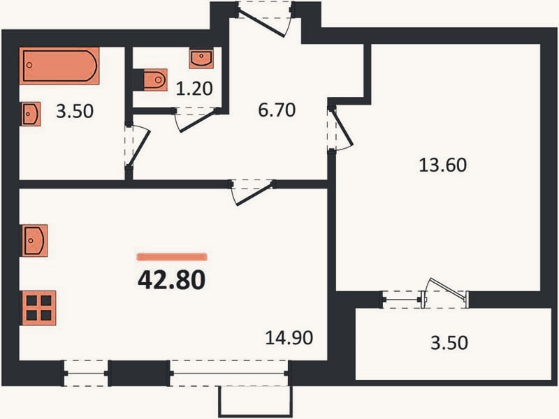Планировка: 1-к, 42,8 м²