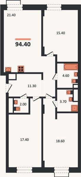 Планировка: 3-к, 94,4 м²