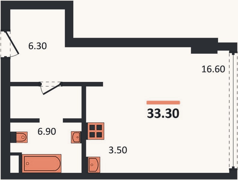 Планировка: Студия, 33,3 м²