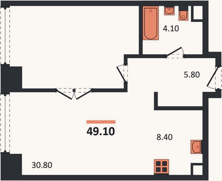 Планировка: 1-к, 49,1 м²