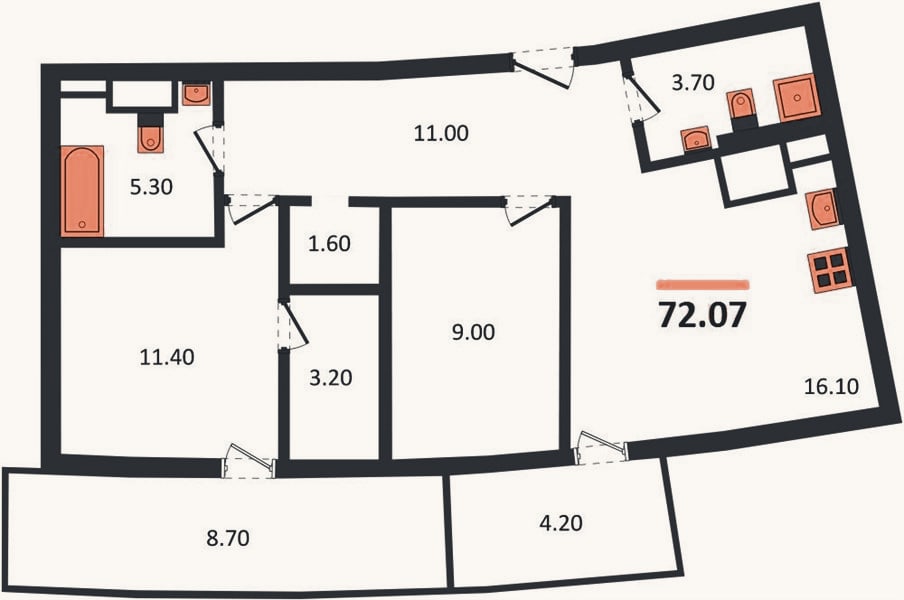 Планировка: 2-к, 72,1 м²