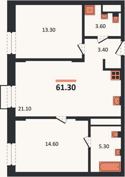 Планировка: 2-к, 61,3 м²