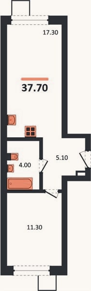 Планировка: 1-к, 37,7 м²