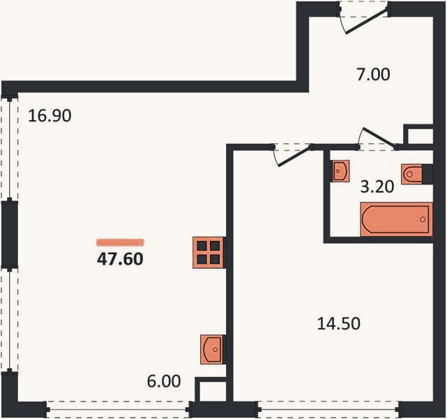 Планировка: 1-к, 47,6 м²
