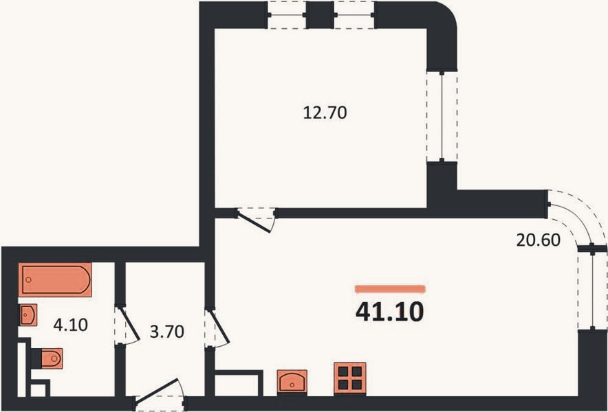 Планировка: 1-к, 41,1 м²