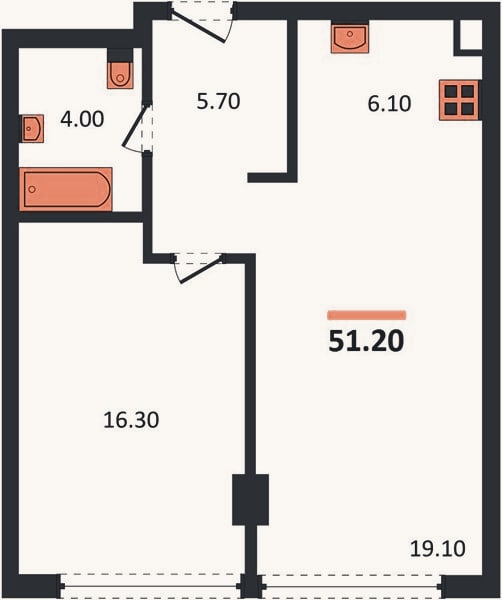 Планировка: 1-к, 51,2 м²