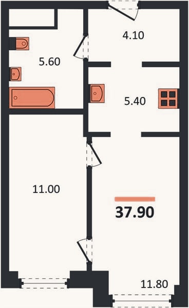 Планировка: 1-к, 37,9 м²