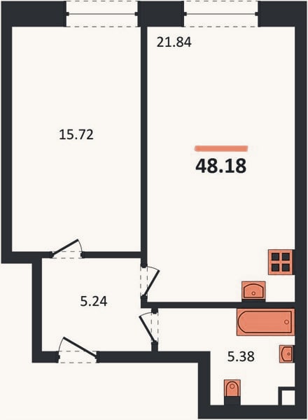 Планировка: 1-к, 48,2 м²