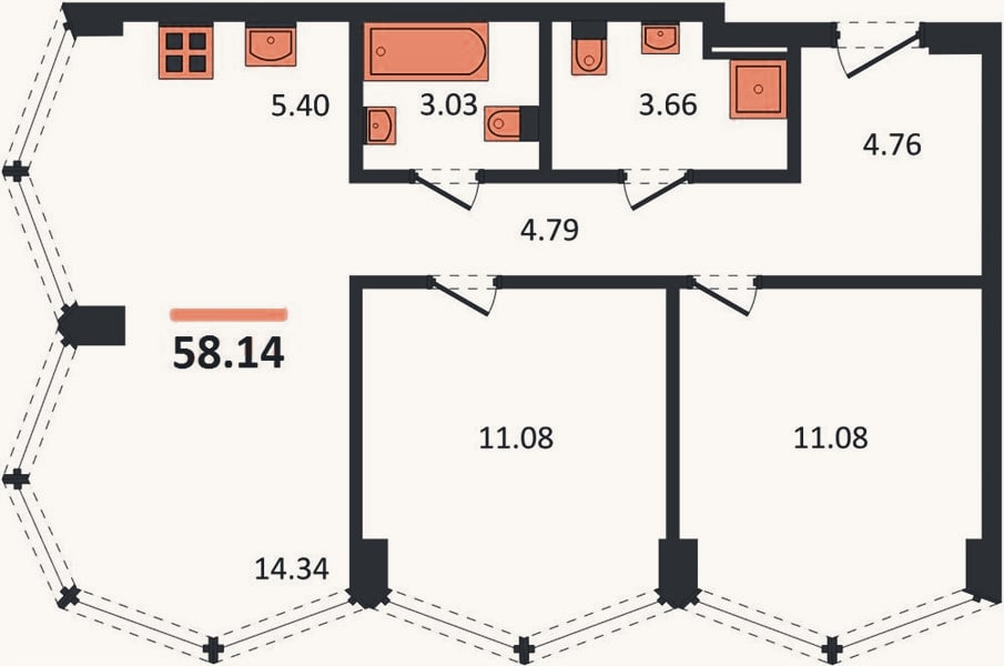 Планировка: 2-к, 58,1 м²