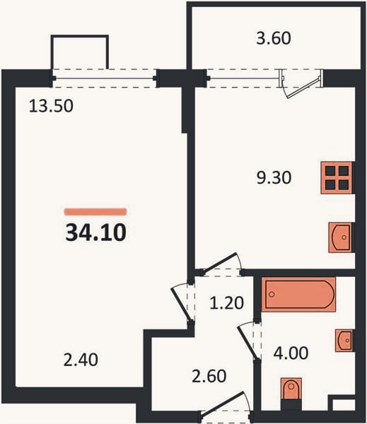 Планировка: 1-к, 34,1 м²