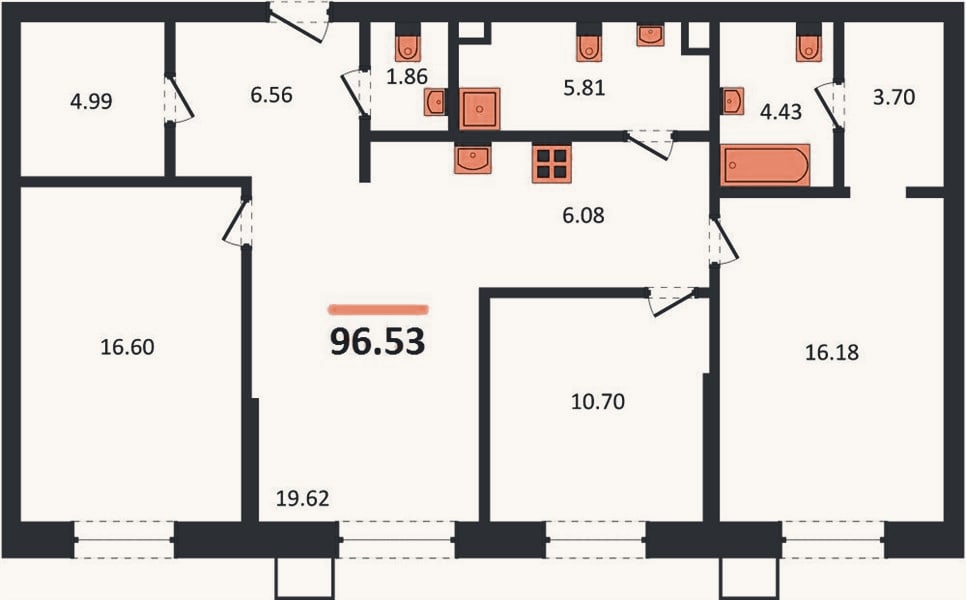 Планировка: 3-к, 96,5 м²