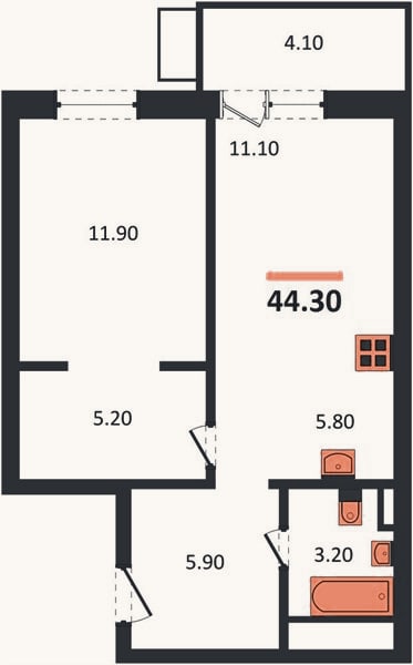 Планировка: 1-к, 44,3 м²