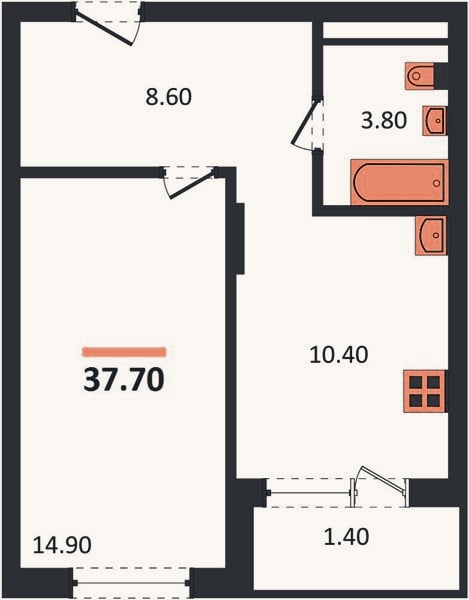 Планировка: 1-к, 37,7 м²