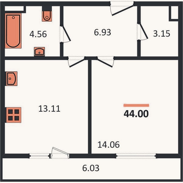 Планировка: 1-к, 44 м²