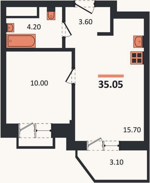 Планировка: 1-к, 35,1 м²
