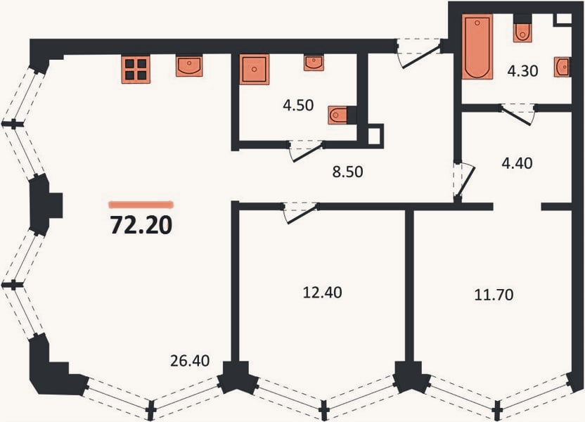 Планировка: 2-к, 72,2 м²