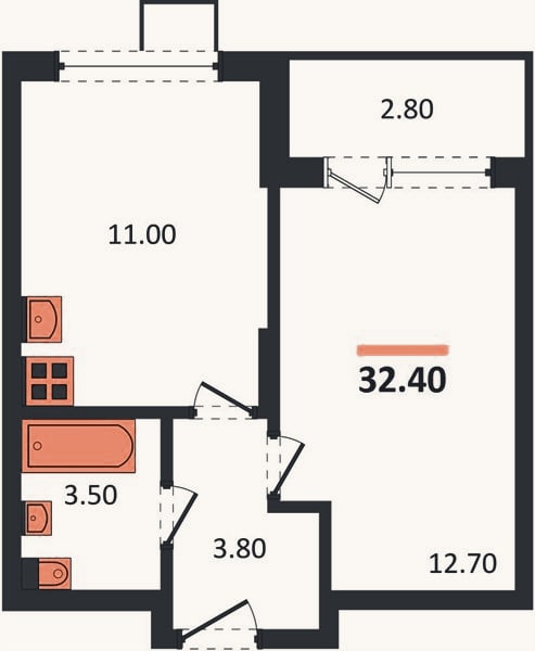 Планировка: 1-к, 32,4 м²